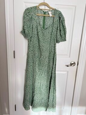 H&M Green Floral Maxi Dress with Puff Sleeves
